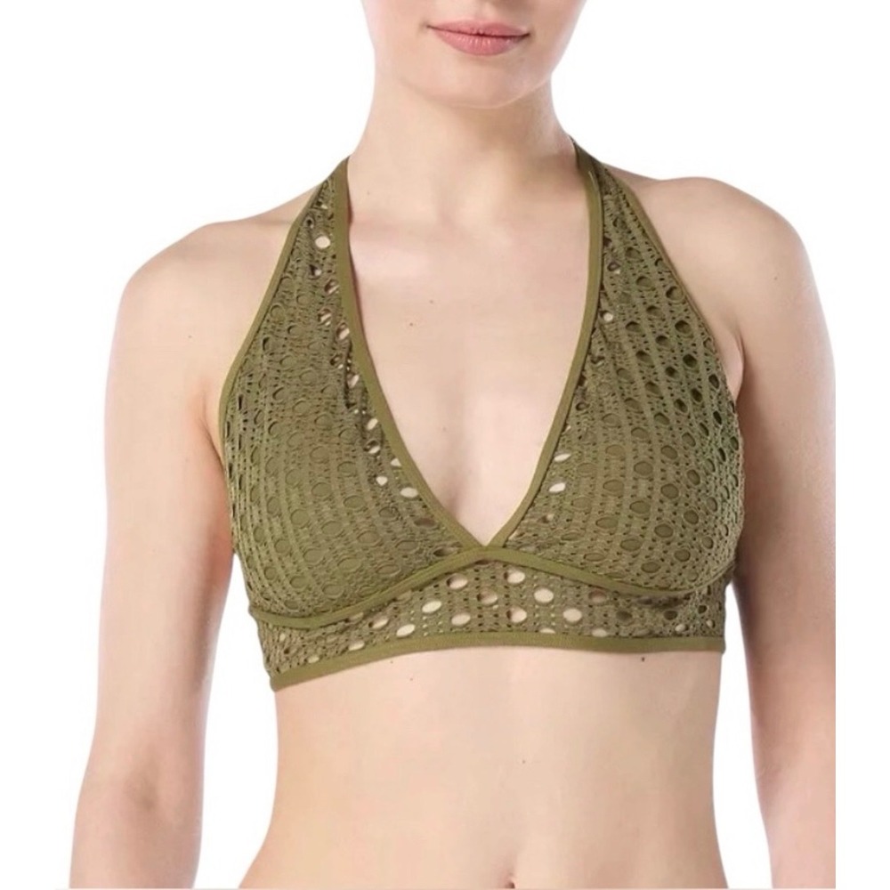 Carmen Marc Valvo Olive Green Crochet Halter Bikini Top Size Large NEW